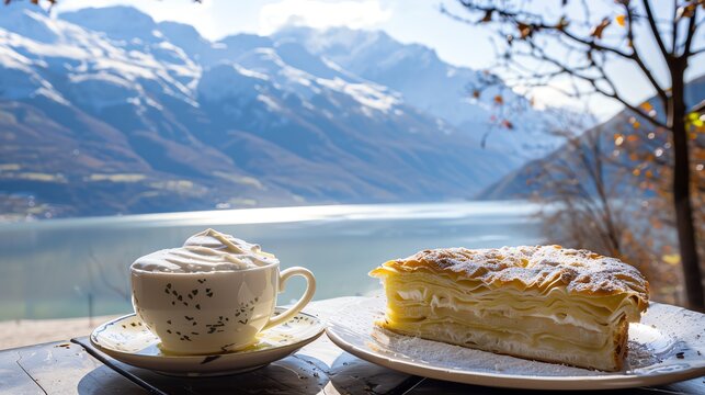 A plate of Croatian strukli with dough filled with cheese, baked and topped with cream, served on a ceramic plate, placed on a table with a view of the snowy Dinaric Alps