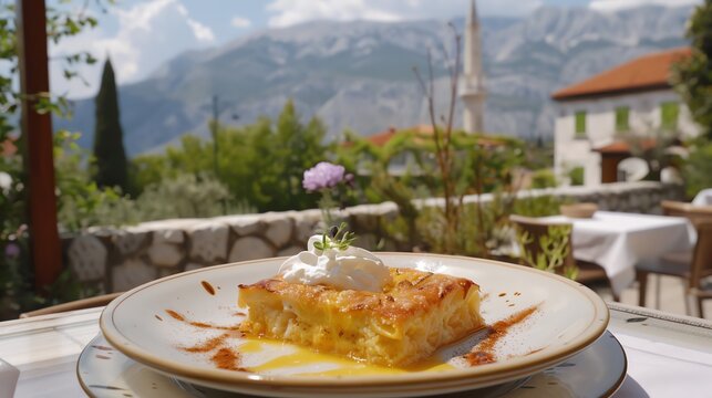 A plate of Croatian strukli with dough filled with cheese, baked and topped with cream, served on a ceramic plate, placed on a table with a view of the snowy Dinaric Alps
