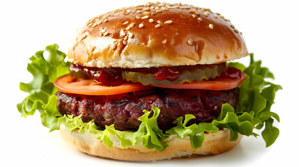 A vibrant fast food beet burger with fresh lettuce, tomatoes, and a soft bun