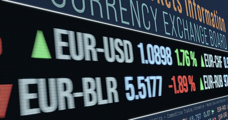 Fototapeta premium Close up screen with currency rates. Ticker board with US dollar, Japanes yen, Euro, Swiss franc, Brazilian real, Russian rubel exchange rates. Business information, currency trading, investment.