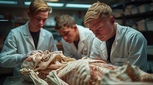 Medical Students Dissecting Cadaver. Medical students dissecting a cadaver in a lab, emphasizing hands-on learning and detailed anatomical study in medical education.