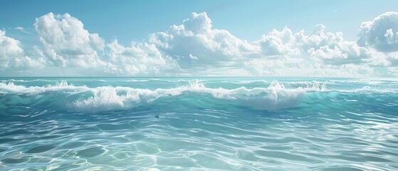 An expansive, crystal-clear ocean view with gentle waves, captured in realistic digital art,