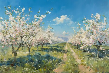 Fototapeta premium An exquisite oil painting capturing a panoramic view of a fresh, blooming orchard under a clear blue sky, with the morning light gently illuminating the abundance of fruit-laden trees,