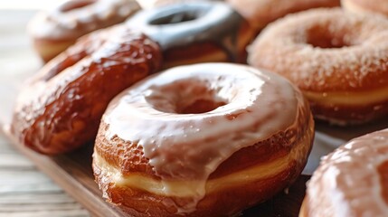 A Close-Up of Glazed Donuts on Wooden Tray