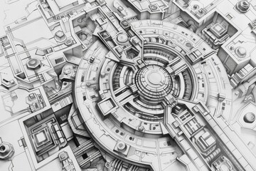 Fototapeta premium An intricate, top-down view of a mysterious ancient password mechanism, rendered in detailed pencil sketch art,