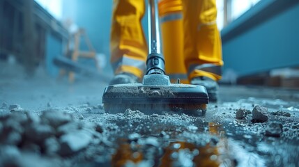An industrial vacuum cleaner removes debris off a rough industrial floor with precise suction, showcasing the equipment's efficient cleaning abilities in a work setting.