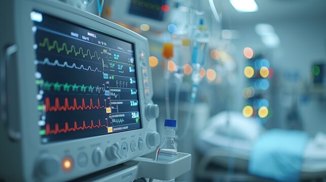 Artificial Breathing Machine in ICU. Close-up of an artificial breathing machine in an intensive care unit, displaying vital signs and patient data.