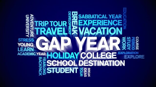Gap Year animated word cloud;text design animation tag kinetic typography seamless loop.