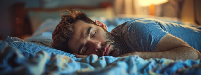 A man is sleeping on a bed. The bed is blue and the man is wearing a blue shirt