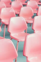 Fototapeta premium rows of pastel pink chairs in a stadium. Style: orderly and calm.