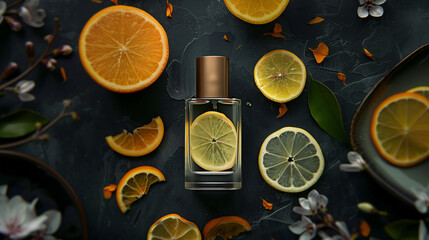 Cylindrical perfume bottle with a bronze cap, citrus flavor, citrus slices around
