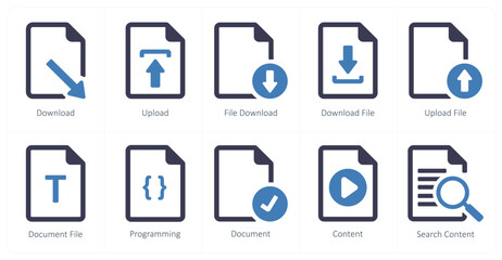 A set of 10 File icons as download, upload, file download