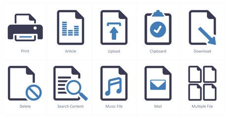 A set of 10 File icons as print, article, upload