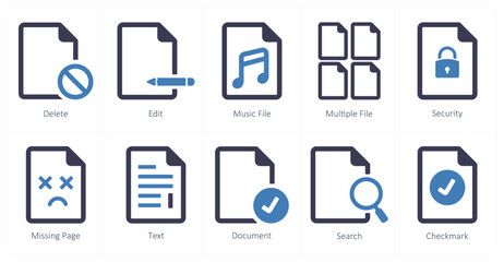 A set of 10 File icons as delete, edit, music file