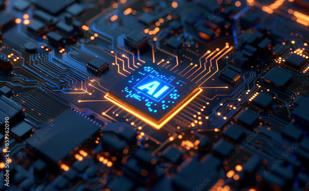 Poster 3d rendering of a blue circuit board with a chip and golden light glowing on top. the technique conc
