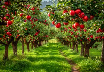 Apple orchard in autumn green grass, beautiful scenery, green nature