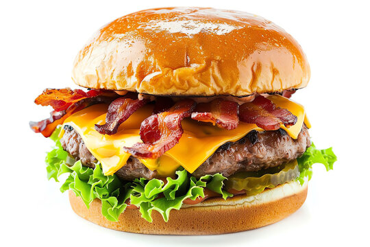 Close-up of a delicious bacon cheeseburger with lettuce, pickles, cheddar cheese, and a juicy beef patty on a fresh bun.