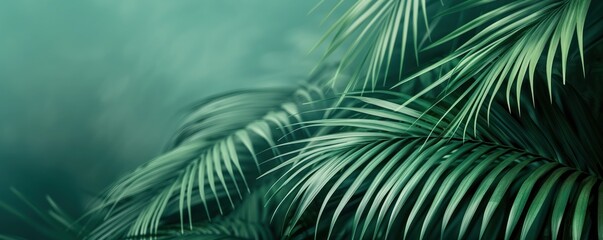 Green palm leaves in soft focus. Nature background theme. Jungle scenery.
