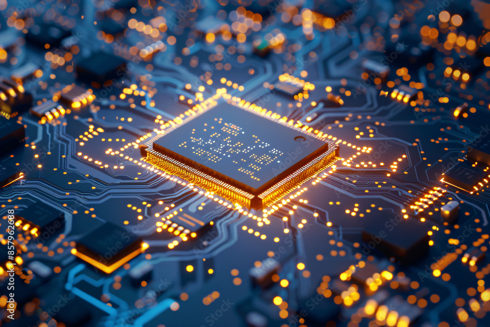 Poster 3d rendering of a blue circuit board with a chip and golden light glowing on top. the technique conc