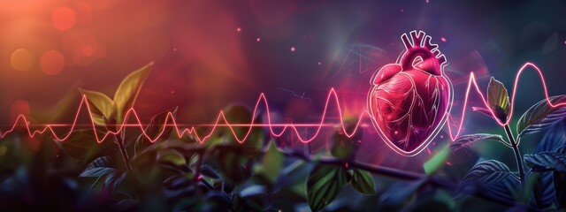 A heart is shown in a green and red background. The heart is surrounded by a red line, which is a representation of an EKG. Concept of life and vitality