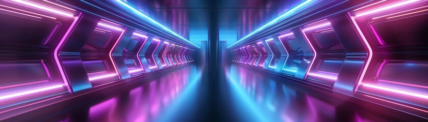 illustration of abstract background of futuristic corridor with purple and blue neon lights ,