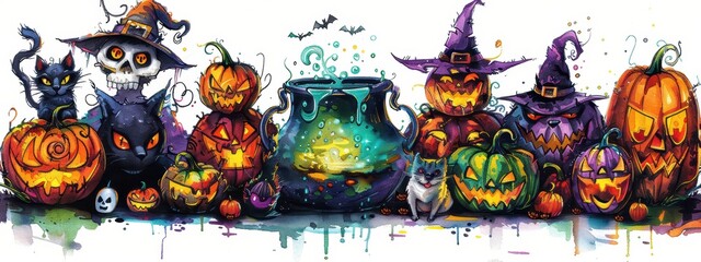 A group of Halloween pumpkins and cats are gathered around a cauldron. The scene is colorful and playful, with the pumpkins and cats in various sizes and positions