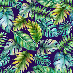 Seamless pattern with tropical exotic leaves in watercolor style.