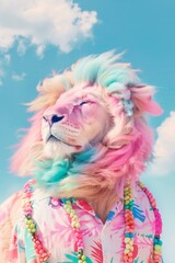  lion with pastel colored braids and pastel fur, close up portrait, sunny sky in background