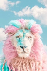 Fototapeta premium lion with pastel colored braids and pastel fur, close up portrait, sunny sky in background