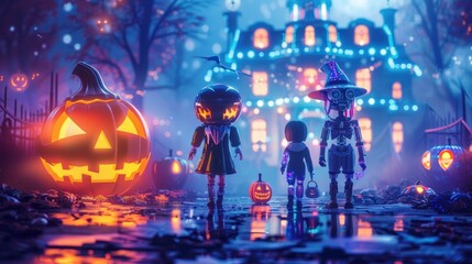 A Halloween scene with a pumpkin, a house, and three people. Scene is spooky and festive