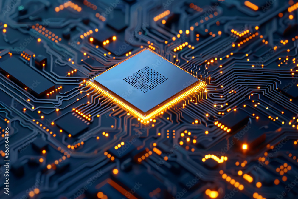 Poster 3d rendering of a blue circuit board with a chip and golden light glowing on top. the technique conc