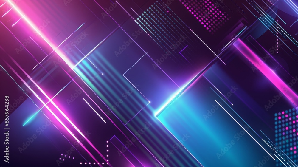 Poster abstract background featuring a futuristic geometric pattern with neon lights in pink and blue hues,