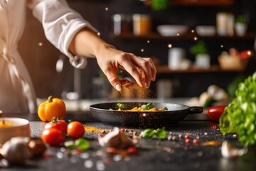 Chef's hands sprinkling spices into a hot pan with vegetables in a rustic kitchen setting, surrounded by fresh produce..