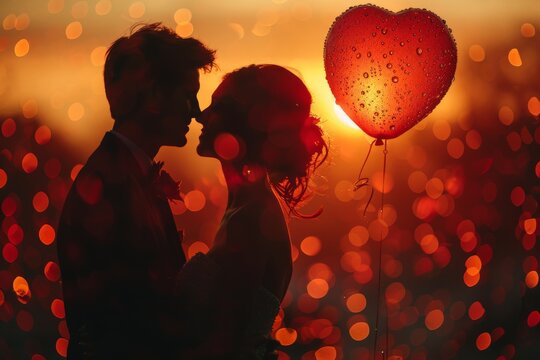 A romantic silhouette of a couple holding a heart-shaped balloon at sunset, surrounded by warm bokeh lights, depicting love, togetherness, and the beauty of romance.