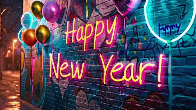 Happy New Year neon text font graffiti vibrant party mural urban art street graffiti brick wall balloons theme banner pink yellow bright spray painted colorful cheerful vibrant city nightlife bar club