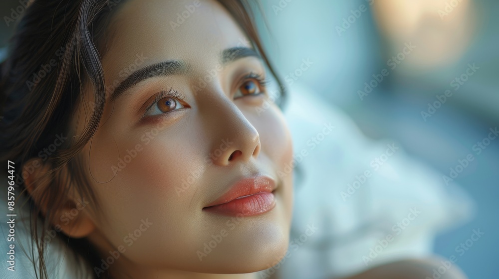 Poster a close-up of a serene woman with a peaceful expression and soft lighting, capturing a moment of tra