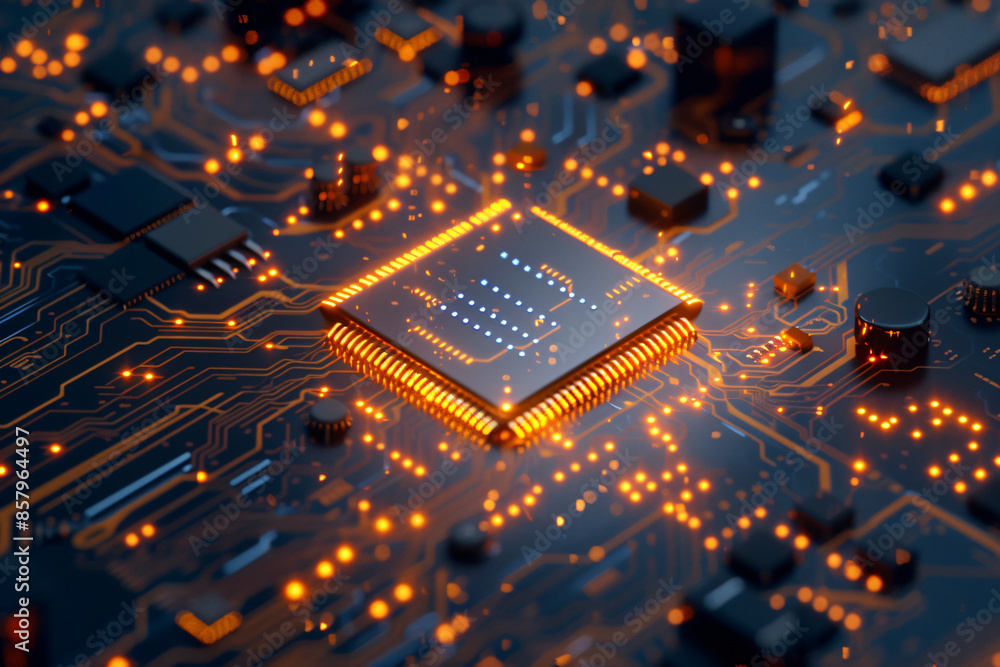 Poster 3d rendering of a blue circuit board with a chip and golden light glowing on top. the technique conc