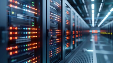 Fototapeta premium Modern data center with rows of server racks, illuminated lights, advanced technology, high-speed connectivity, cloud computing infrastructure.