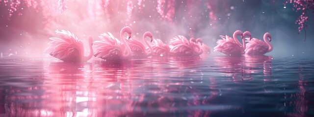 A vibrant pink flamingo wading gracefully through the shallow waters of a tropical lagoon, its feathers catching the sunlight.