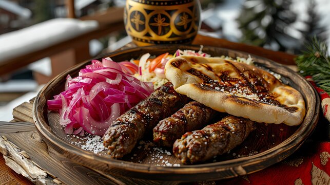 A serving of Bosnian cevapi with grilled minced meat sausages, served with flatbread and onions, placed on a wooden plate with a view of a snowy Bosnian village