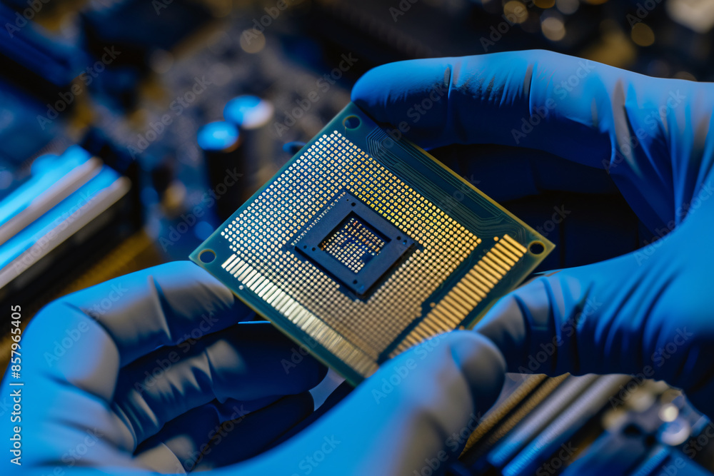 Poster a c-shaped computer processor was held in hand with blue gloves on a dark background. a macro photog