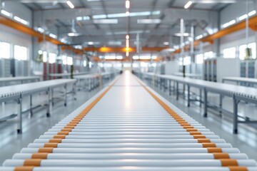 Fototapeta premium Empty conveyor belt in a modern factory setting, featuring bright lights and clean industrial design. Ideal for manufacturing and automation concepts.