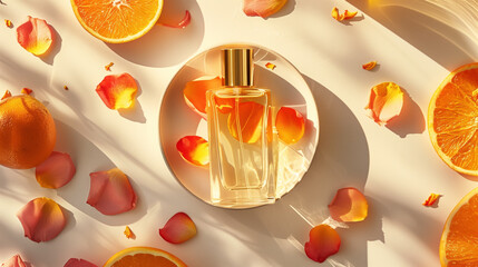 Stylish Glass perfume bottle in the middle with golden cap, citrus flavour