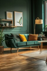 Fototapeta premium The interior of the living room is in green and yellow saturated colors. The interior style of the room is mid-century modern. Modern vintage, retro. Stylish interior design