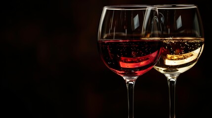 An artistic photograph displaying two wine glasses, one with red and one with white wine, featuring a bubbling texture, set against a dark, moody background.