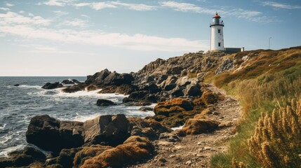 Obraz premium Abandoned beacon on rocky coast, echoes of maritime history