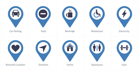 A set of 10 Location Pointer icons as car parking, trash, beverage