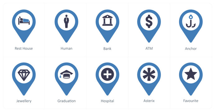A set of 10 Location Pointer icons as rest house, human, bank
