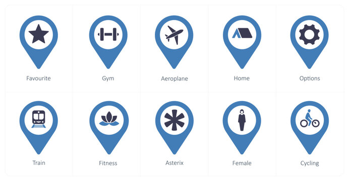 A set of 10 Location Pointer icons as favorite, gym, aeroplane
