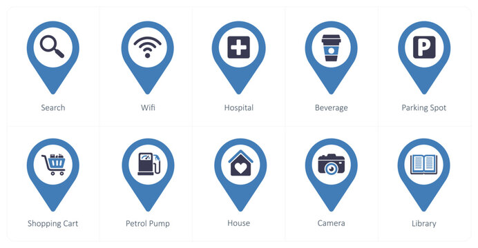 A set of 10 Location Pointer icons as search, wifi, hospital